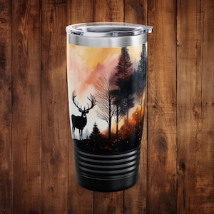 Tumbler Mug - Scenic Forest Stainless Steel 20oz Ringneck Tumbler with Deer and Birds Design
