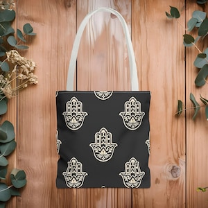 Hamsa Symbol Tragetasche, ethnisches florales geometrisches Design, kulturelle ethnische Tasche, schwarz beige Handtasche, Alltagsmode für besondere Anlässe
