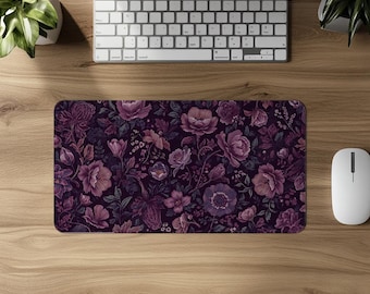 Vintage Cottagecore Desk Mat, Dark Purple Mouse Pad, Botanical Desk Accessory, Retro Home Office Decor, Floral Work Desk Protector
