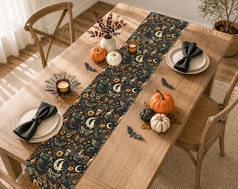 Chemin de table d'Halloween - décoration d'intérieur gothique céleste - lin floral d'automne, nappe d'autel pour salle à manger Samhain, décoration de fête d'Halloween, saisonnier