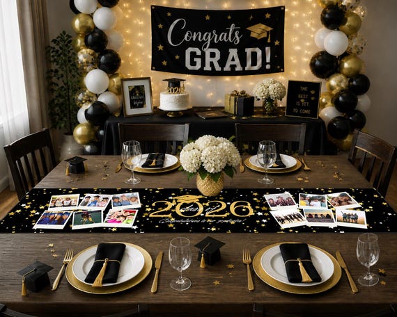 graduation party table setting with themed centerpieces and runners