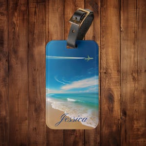 Serene strandscène gepersonaliseerd bagagelabel, label voor reistassen, koffer-ID, uniek bagagelabel, vakantieaccessoire
