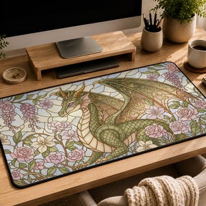 Floral Stained Glass Green Dragon Desk Mat | Decorative Mouse Pad