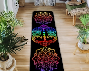 Esterilla de yoga con diseño de mandala de chakras para lograr equilibrio y armonía, silueta de meditación, esterilla de goma para mejorar la experiencia de yoga, esterilla multicolor