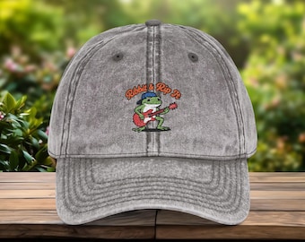 Vintage Washed Frog Dad Hat, Funny Embroidered Music Cap, Guitar Playing Frogcore, Aesthetic Retro Baseball Cap, Festival Gift For Him Her