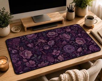Vintage Cottagecore Desk Mat, Dark Purple Mouse Pad, Botanical Desk Accessory, Retro Home Office Decor, Floral Work Desk Protector