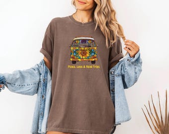 Vintage Van Peace Love Road Trips Unisex Garment-Dyed T-shirt, Hippie Graphic Tee, Adventure Clothing, Retro Travel Shirt, Wanderlust Gift