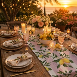 Puede incluir: Una mesa de comedor de madera preparada para una comida al aire libre con un camino de mesa de rayas rosas y estampado de limones. La mesa incluye platos blancos, manteles individuales trenzados, cristalería rosa y limones.