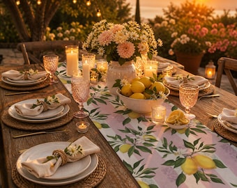 Citroenbloemen Tafelloper Blush Roze Cottagecore Tafeldecor Zomer Tafelloper Botanisch Dineren Decor Boerderij Tafel Styling