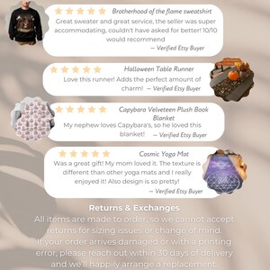 May include: A graphic featuring customer reviews for various Etsy products. The reviews highlight a sweatshirt, table runner, blanket, and yoga mat. The text includes product names and customer feedback, with a section on returns and exchanges.