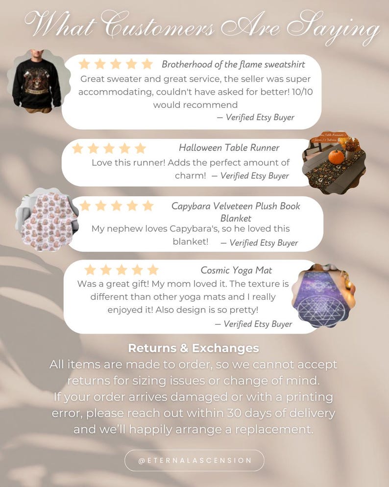 May include: A graphic featuring customer reviews for various Etsy products. The reviews highlight a sweatshirt, table runner, blanket, and yoga mat. The text includes product names and customer feedback, with a section on returns and exchanges.