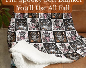 Pink Halloween Blanket Cute Spooky Sherpa Throw With Raccoon Witch Design Cozy Fall Gift For Her Whimsigoth Decor Soft Fleece Couch Blanket