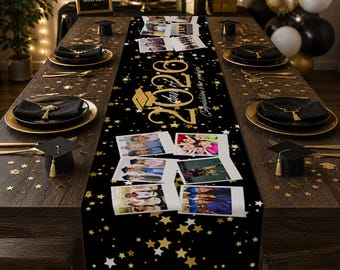 Gepersonaliseerde afstudeertafelloper met foto's, aangepast 2026 Grad-feestdecor, seniorenavonddecor, herinneringscadeau