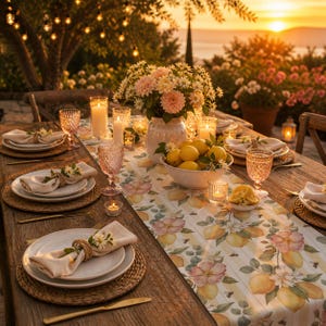 May include: A beautifully set outdoor dining table with a floral centerpiece, candles, and place settings. The table is adorned with a lemon-themed runner, pink glassware, and fresh lemons. The warm lighting and sunset create an inviting atmosphere.