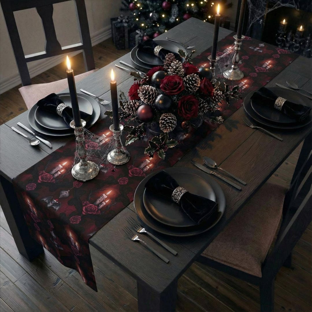 Gothmas Table Runner, Halloween Gothic Dining Decor, Black Cotton Poly ...
