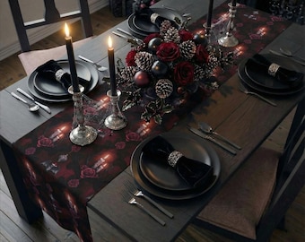 Chemin de table gothique, décoration de salle à manger gothique d'Halloween, mélange de coton et polyester noir, linge de cuisine sorcière, articles de décoration occultes Samhain