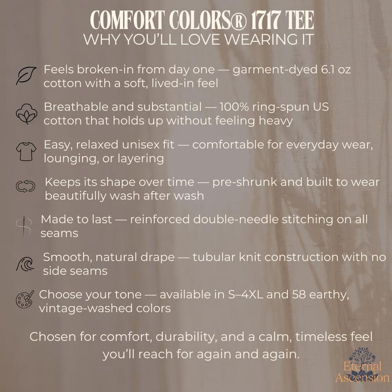 May include: Text graphic for Comfort Colors 1717 Tee, highlighting features like garment-dyed cotton, breathable fabric, and a relaxed unisex fit. The text also mentions the tee's durability and vintage-washed colors.