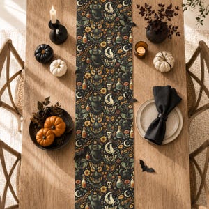 Halloween Table Runner - Celestial Gothic Home Decor - Fall Floral Witchy Linen, Samhain Dining Altar Cloth, Halloween Party Decor, Seasonal