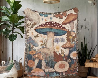 Manta de hongos, manta tejida, tapiz tejido, motivos de hongos, manta cottagecore, decoración de hongos