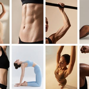 May include: A collage of images showcasing fitness and wellness. The images feature people in various athletic poses, including ballet, yoga, and weight training. The subjects are wearing athletic attire, and some images highlight muscular definition and sweat.