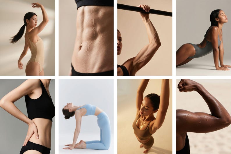 May include: A collage of images showcasing fitness and wellness. The images feature people in various athletic poses, including ballet, yoga, and weight training. The subjects are wearing athletic attire, and some images highlight muscular definition and sweat.