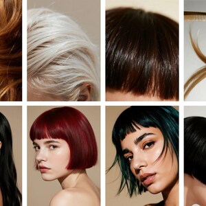 Op de afbeelding: Een collage van kapsels en haarkleuren. De afbeelding bevat close-ups van golvend roodbruin, zilver en donkerbruin haar. Er zijn ook afbeeldingen van vrouwen met lang zwart haar, rode bob, teal bob en een zwarte bob.