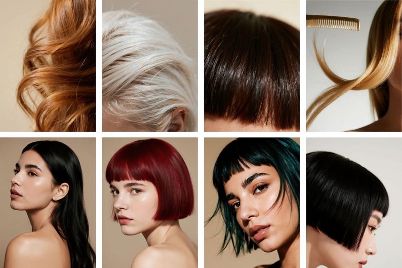 Op de afbeelding: Een collage van kapsels en haarkleuren. De afbeelding bevat close-ups van golvend roodbruin, zilver en donkerbruin haar. Er zijn ook afbeeldingen van vrouwen met lang zwart haar, rode bob, teal bob en een zwarte bob.