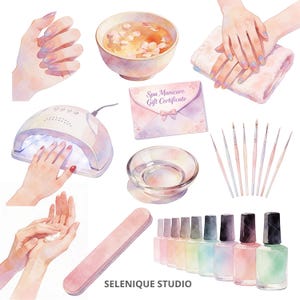 May include: Watercolor illustration of spa manicure tools and accessories. Includes nail polish bottles, nail brushes, a nail file, a manicure bowl, a UV lamp, and a gift certificate. The image has a soft, pastel color palette.