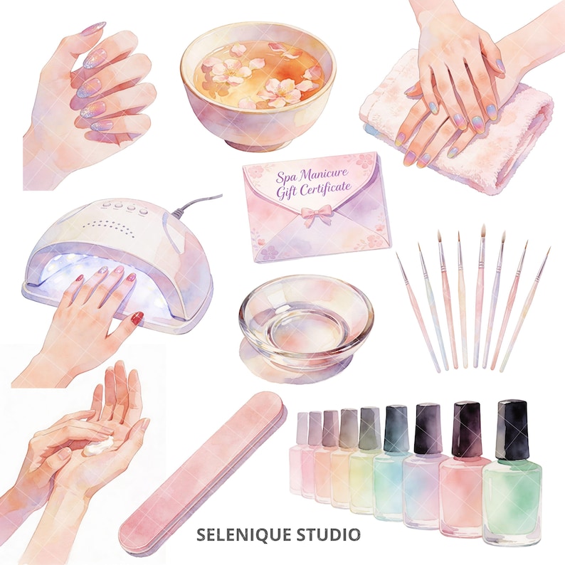 May include: Watercolor illustration of spa manicure tools and accessories. Includes nail polish bottles, nail brushes, a nail file, a manicure bowl, a UV lamp, and a gift certificate. The image has a soft, pastel color palette.