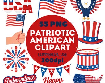 4th of July Clipart Bundle – 55 Patriotic American PNG Transparent Commercial