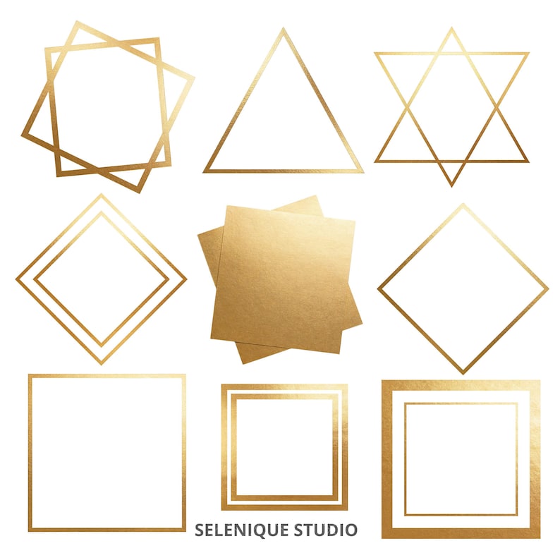 May include: Nine gold geometric shapes on a white background. The shapes include a star, triangle, square, and diamond. The text "SELENIQUE STUDIO" is at the bottom. The shapes are outlined in gold.