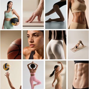 May include: A collage of images featuring fitness and athletic activities. The images include people in athletic wear, holding sports equipment, and performing yoga poses. The color palette is neutral with a focus on skin tones and activewear.