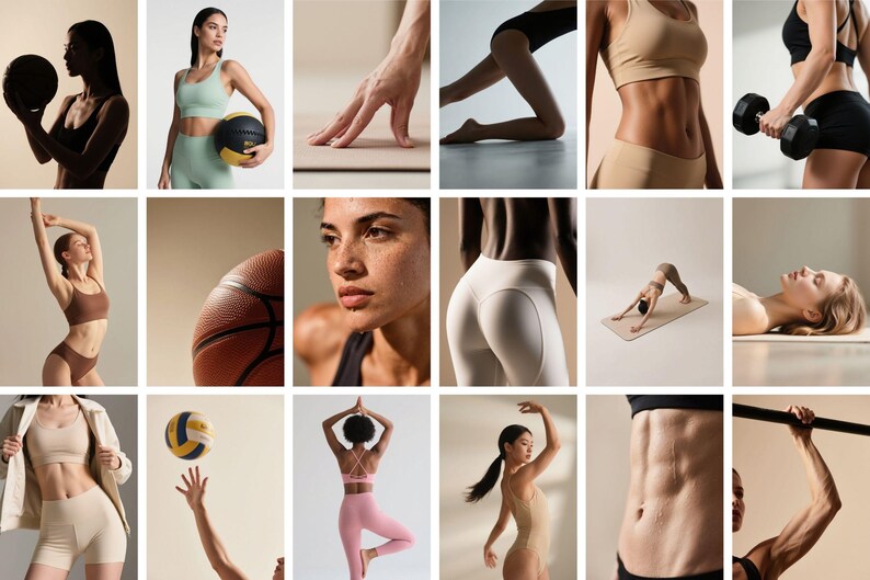 May include: A collage of images featuring fitness and athletic activities. The images include people in athletic wear, holding sports equipment, and performing yoga poses. The color palette is neutral with a focus on skin tones and activewear.