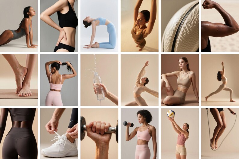 May include: A collage of images showcasing fitness and wellness activities. The images include people in various yoga poses, exercising with weights, and engaging in sports. The color palette is neutral, with a focus on skin tones and activewear.