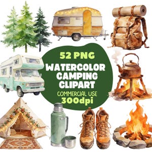 Watercolor Camping Clipart Bundle, Rustic Adventure PNG Graphics (Digital Download)