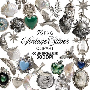 Puede incluir: Una colección de 70 elementos de clipart digital en tonos plateados con corazones, lunas, aves, flores, conchas y motivos celestiales. El texto dice 70 PNG Vintage Silver CLIPART COMMERCIAL USE 300DPI, mostrando varios diseños metálicos y nacarados.