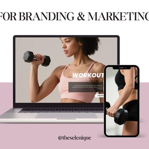 May include: A laptop and smartphone display a fitness theme. The laptop screen shows a woman lifting a dumbbell, with the word "WORKOUT" overlaid. The smartphone mirrors the image. Text at the top reads "FOR BRANDING & MARKETING".