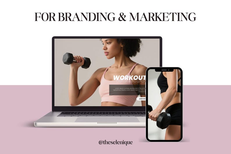 May include: A laptop and smartphone display a fitness theme. The laptop screen shows a woman lifting a dumbbell, with the word "WORKOUT" overlaid. The smartphone mirrors the image. Text at the top reads "FOR BRANDING & MARKETING".
