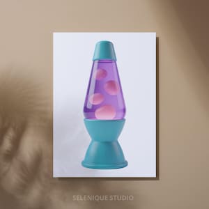 May include: A retro-style lava lamp with a teal base and cap, and a purple glass body filled with pink wax bubbles. The lamp is set against a white background, with the text "SELENIQUE STUDIO" at the bottom.