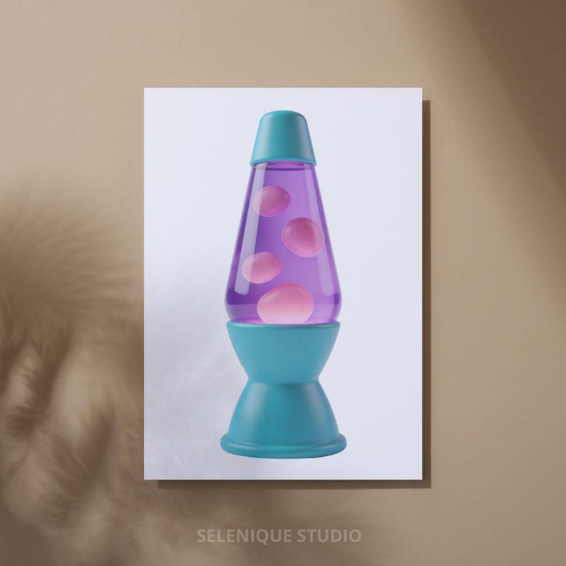 May include: A retro-style lava lamp with a teal base and cap, and a purple glass body filled with pink wax bubbles. The lamp is set against a white background, with the text "SELENIQUE STUDIO" at the bottom.