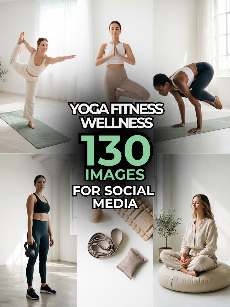 May include: A collection of images promoting yoga, fitness, and wellness. The images feature people in various yoga poses, exercising with weights, and meditating. Text on the image reads "YOGA FITNESS WELLNESS 130 IMAGES FOR SOCIAL MEDIA."