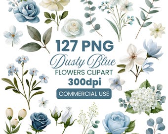 Dusty Blue Flower Clipart Bundle – 127 Watercolor Floral PNG Commercial Use