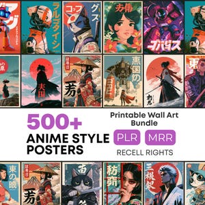 Może przedstawiać: Cyfrowa kolekcja ponad 500 plakatów ściennych do druku, zawierająca różnorodne ilustracje w stylu anime, w tym postacie, roboty mecha, koty i krajobrazy z japońskim tekstem, przedstawione w układzie siatki.