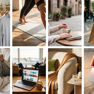 Op de afbeelding: Een verzameling lifestyle-afbeeldingen die verschillende activiteiten laten zien. Bevat een persoon die kleding selecteert, yoga beoefent, van koffie geniet, winkelt, ontspant in bed, op een laptop werkt en op een bank ontspant. De beelden hebben een warme, uitnodigende uitstraling.