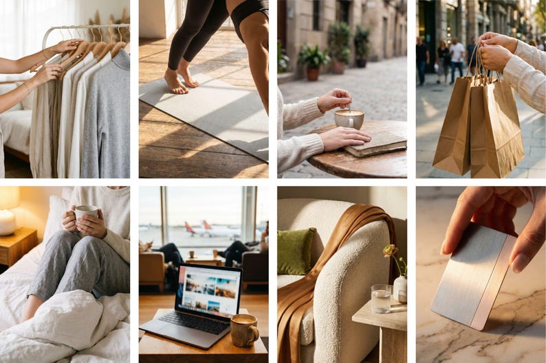 Op de afbeelding: Een verzameling lifestyle-afbeeldingen die verschillende activiteiten laten zien. Bevat een persoon die kleding selecteert, yoga beoefent, van koffie geniet, winkelt, ontspant in bed, op een laptop werkt en op een bank ontspant. De beelden hebben een warme, uitnodigende uitstraling.