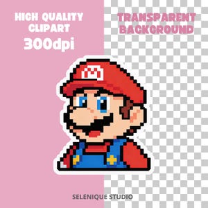 Op de afbeelding: Pixelafbeelding van Mario uit het Super Mario Bros.-videospel. Mario draagt een rode pet met een witte 'M', een blauwe overall en een rood shirt. De afbeelding bevat de tekst 'HIGH QUALITY CLIPART 300dpi' en 'TRANSPARENT BACKGROUND'.