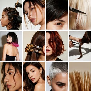 Op de afbeelding: Een collage van afbeeldingen met verschillende kapsels en haarbehandelingen. Bevat close-ups van modellen met verschillende haarkleuren, haarstylingtools en accessoires. De afbeeldingen belichten haar knippen, kleuren en stylingtechnieken.