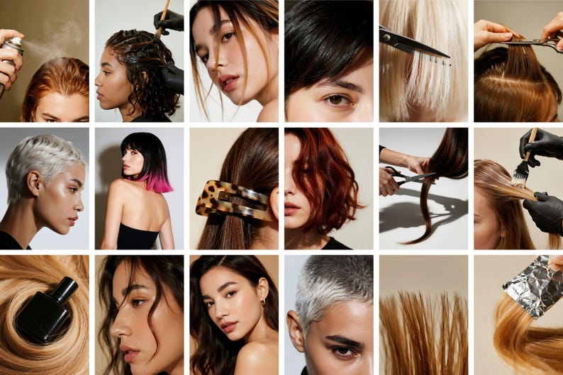 Op de afbeelding: Een collage van afbeeldingen met verschillende kapsels en haarbehandelingen. Bevat close-ups van modellen met verschillende haarkleuren, haarstylingtools en accessoires. De afbeeldingen belichten haar knippen, kleuren en stylingtechnieken.