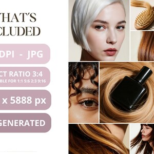Op de afbeelding: Een collage met een vrouw met wit haar, diverse haartexturen en -kleuren en een zwarte fles. De afbeelding bevat tekst met de tekst "WHAT'S INCLUDED", "300 DPI - JPG", "ASPECT RATIO 3:4", "4416 x 5888 px" en "AI - GENERATED".