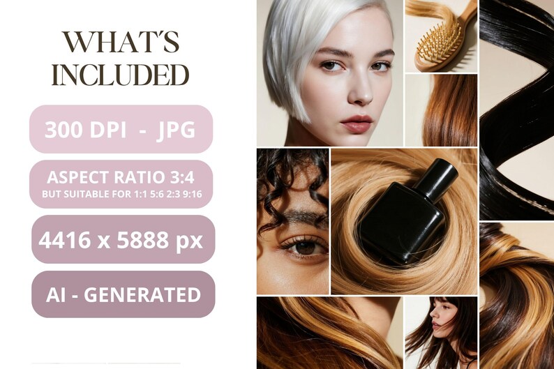 Op de afbeelding: Een collage met een vrouw met wit haar, diverse haartexturen en -kleuren en een zwarte fles. De afbeelding bevat tekst met de tekst "WHAT'S INCLUDED", "300 DPI - JPG", "ASPECT RATIO 3:4", "4416 x 5888 px" en "AI - GENERATED".